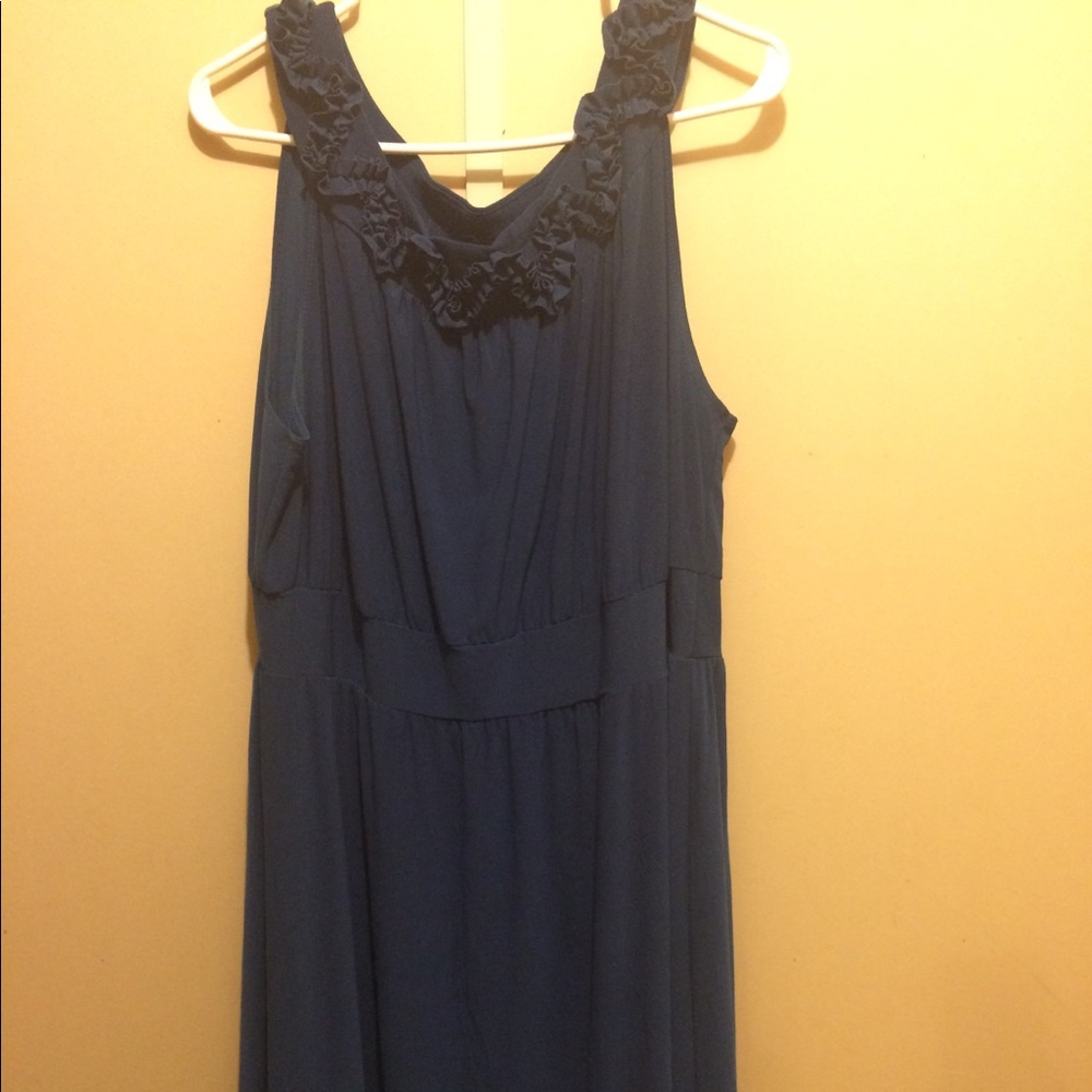 Navy blue, mid length dress.